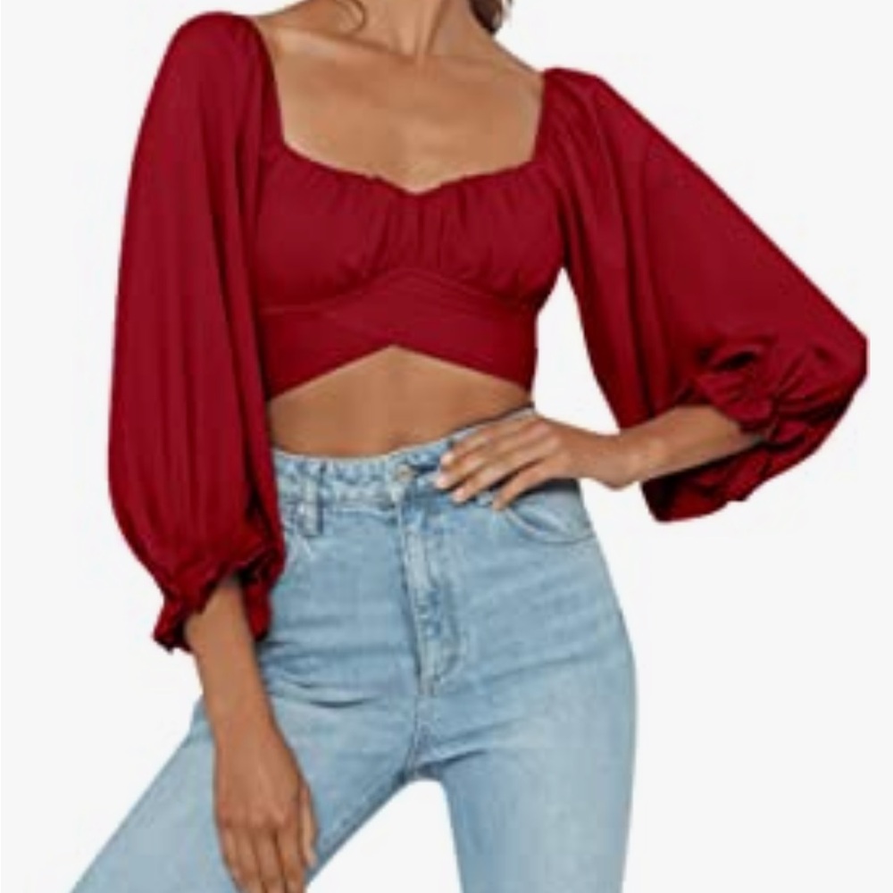 Red Puff Sleeve Blouse with Tie Front and Smocked Details - Picture 4 of 4